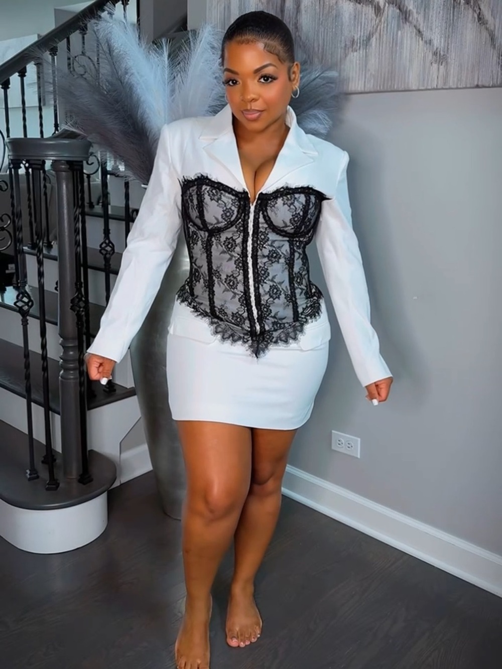 AKIRA White Blazer Dress with Black Lace Corset Overlay